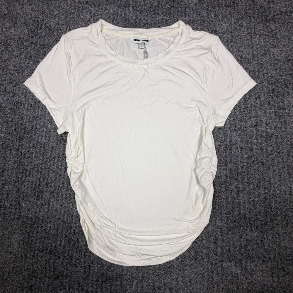 DKNY Jeans Womens Cream Ruched Side Short Sleeve Crew Neck Top Large